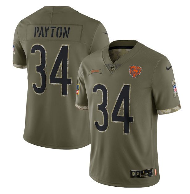 Men's Chicago Bears #34 Walter Payton Olive 2022 Salute To Service Limited Stitched Jersey Men's Chicago Bears #34 Walter Payton Olive 2022 Salute To Service Limited Stitched Jersey